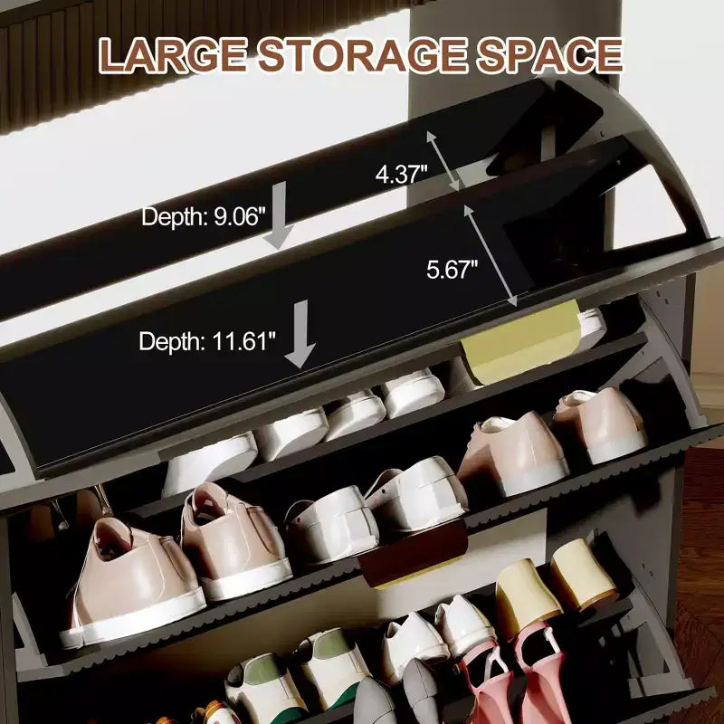 Modern White Shoe Cabinet with 3 Flip Drawers & 2 Small Drawers & Hook, Slim Fluted Shoe Storage Organizer, Narrow Entryway Cabinet