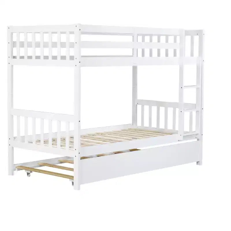Twin Over Twin Modern Wood Bunk Bed with Trundle, Convertible into 2 Beds
