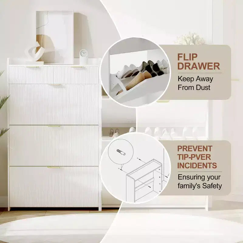 Modern White Shoe Cabinet with 3 Flip Drawers & 2 Small Drawers & Hook, Slim Fluted Shoe Storage Organizer, Narrow Entryway Cabinet