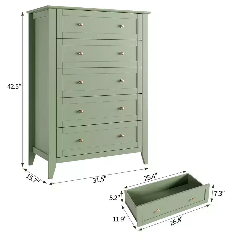5-Drawer 42.5-Inch Tall Dresser for Bedroom, Wooden Storage Cabinet with 11.9-Inch Deep Drawers & Gold Metal Knobs, Ideal for Entryway, or Hallway