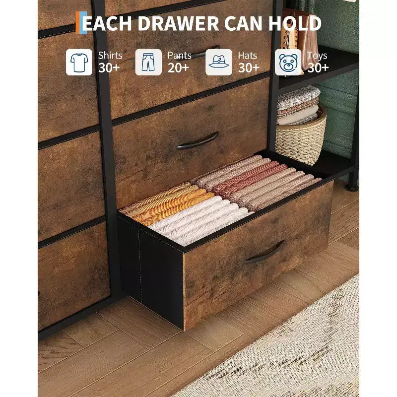 Dresser with 16 Drawers & Hanging Rod & Shelves, Fabric Storage Organizer for Bedroom, Closet, or Entryway