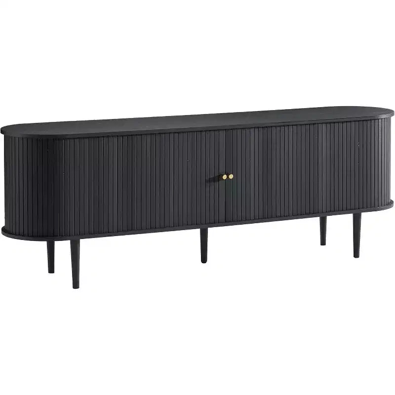 AMERLIFE 70 TV Stand with Solid Wood Legs, Mid Century Modern TV Console with Tambour Door