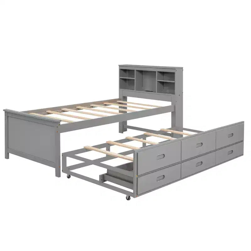 Platform Bed with Trundle and Drawers, Storage Platform Bed with USB, Wood Platform Bed with Bookcase