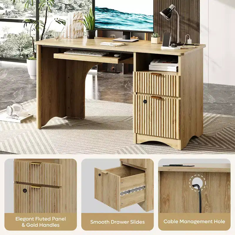 Bestier 55 Smart Computer Desk, Oak Writing Desk with File Drawers and Power Outlet, Executive Office Desk with Open Storage and Keyboard Tray