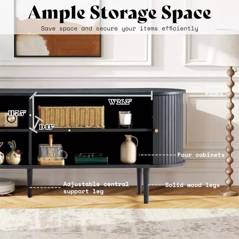 AMERLIFE 70 TV Stand with Solid Wood Legs, Mid Century Modern TV Console with Tambour Door