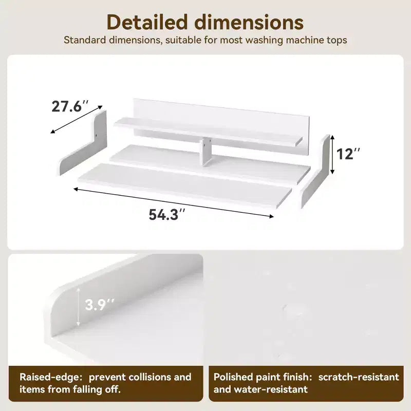 Wood Washer and Dryer Topper, 54 Laundry Countertop with 2-Tier Storage Shelf, Anti-Slip Work Surface with Guardrails for Laundry Organization