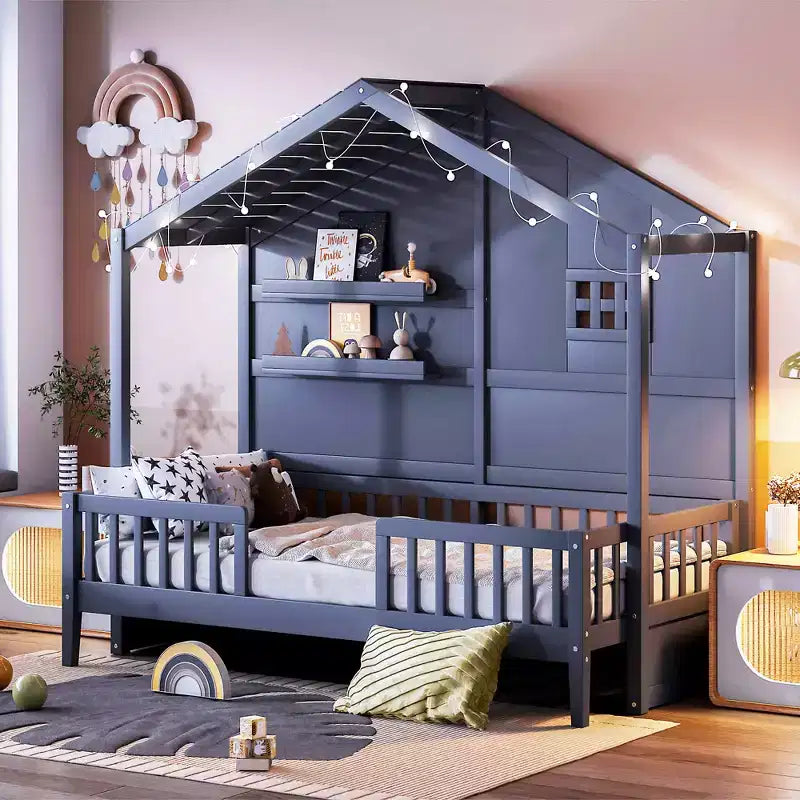 Lit cabane double avec étagères de rangement et barrières, cadre de lit Montessori en bois pour enfants avec fenêtre et bande lumineuse scintillante