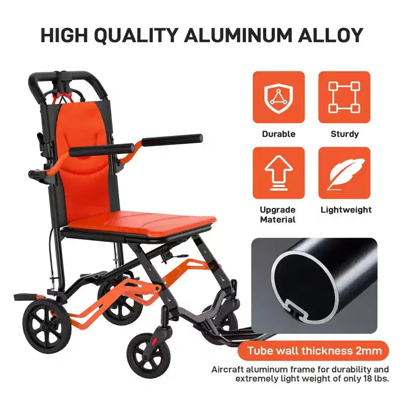 Ultra Lightweight Folding Transport Wheelchair, Supports 220 lbs, 18 lbs Aluminum Frame, 16.2 Seat, Removable Armrests & Footrests,Locking Handbrake