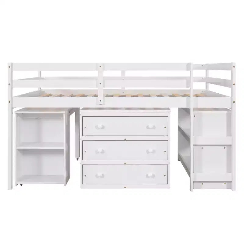 Full Size Low Loft Bed with Rolling Desk, 3 Drawers and Shelves