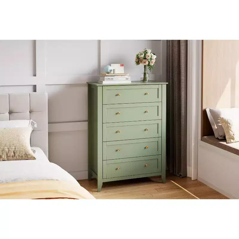 5-Drawer 42.5-Inch Tall Dresser for Bedroom, Wooden Storage Cabinet with 11.9-Inch Deep Drawers & Gold Metal Knobs, Ideal for Entryway, or Hallway