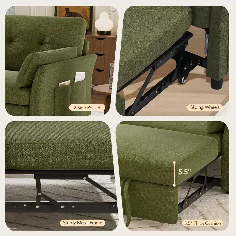 Dyonery 3-in-1 Convertible Sofa Bed, Pull Out Sleeper Sofa with Side Pocket & Adjustable Backrest, Tool-Free Assembly, Folding Loveseat