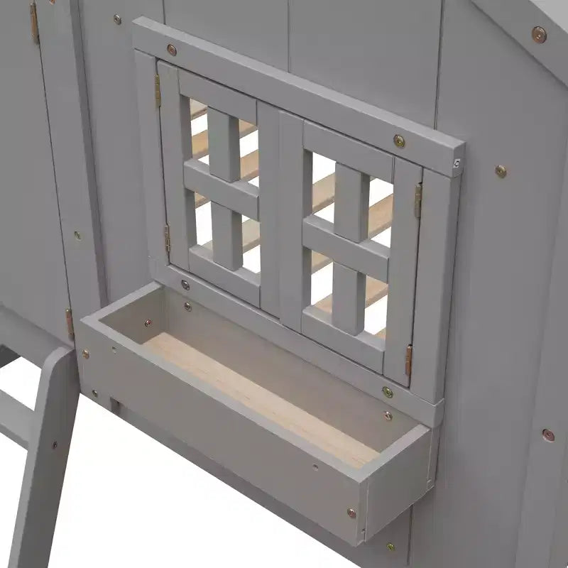 Twin Size House-Shaped Loft Bed, Wood Playhouse Loft Bed with Ladder & Guardrails for Kids