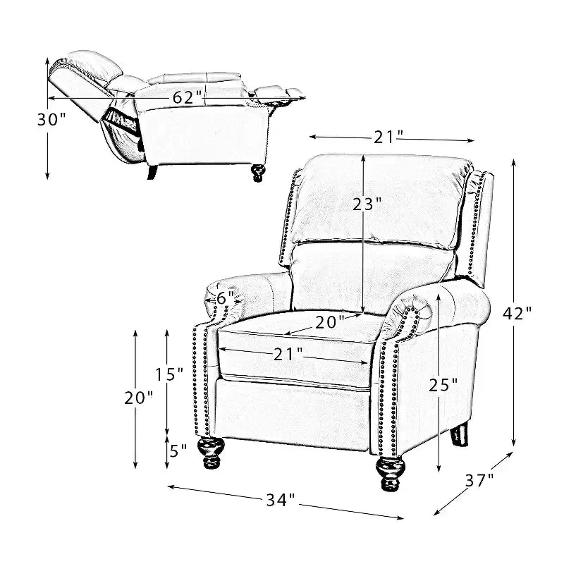 Set of 2 Elisabete Modern Wingback Genuine Leather Recliner with Vintage Nail Head Trim for Living Room and Bedroom| ART OF LIVING DESIGNS