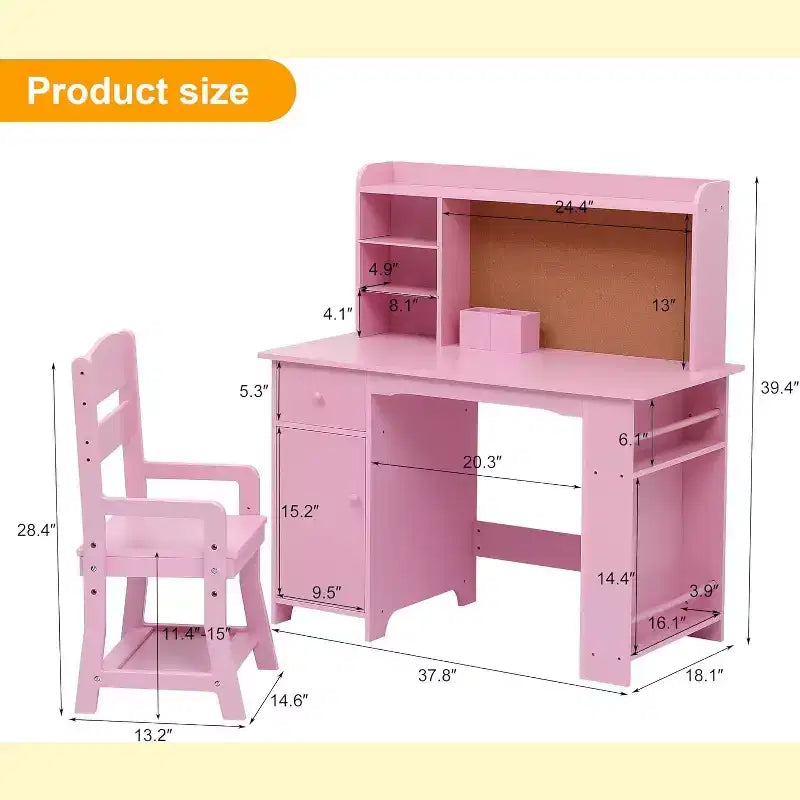 Kids Desk, Study Desk and Chair Set for Boys and Girl, Wooden Kids Writing Table with Bookshelf, Bulletin Board, Cabinet and Drawer for Ages 3-8