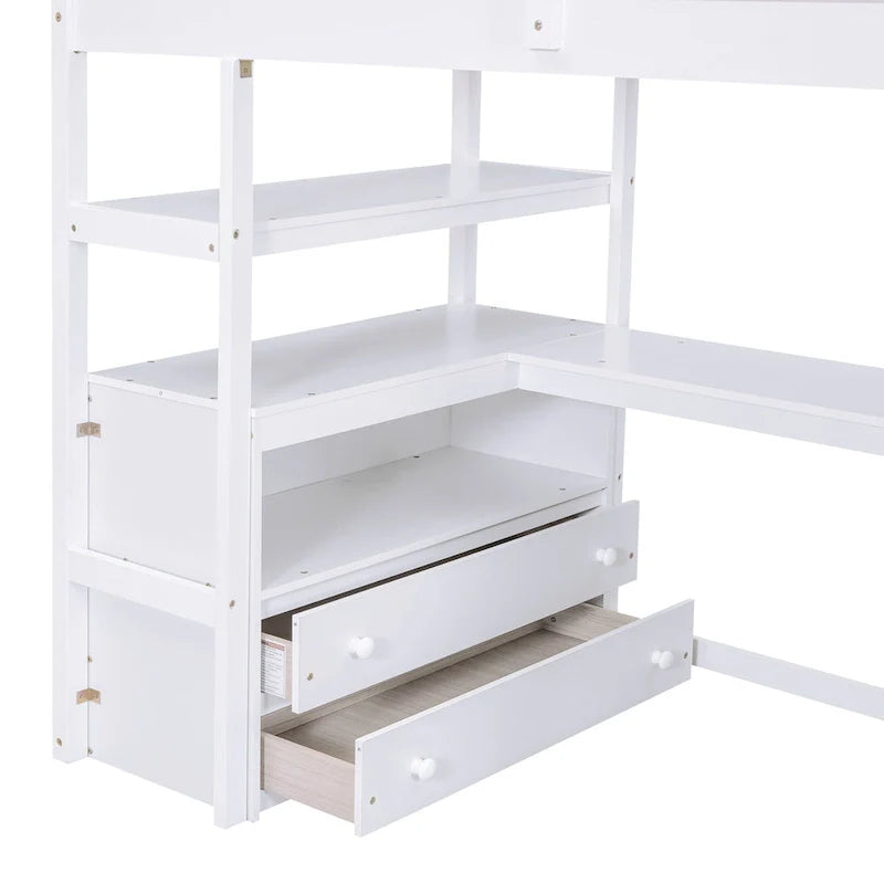 Twin Size Loft Bed with Desk and Shelves, Two Built-in Drawers, Storage Staircase