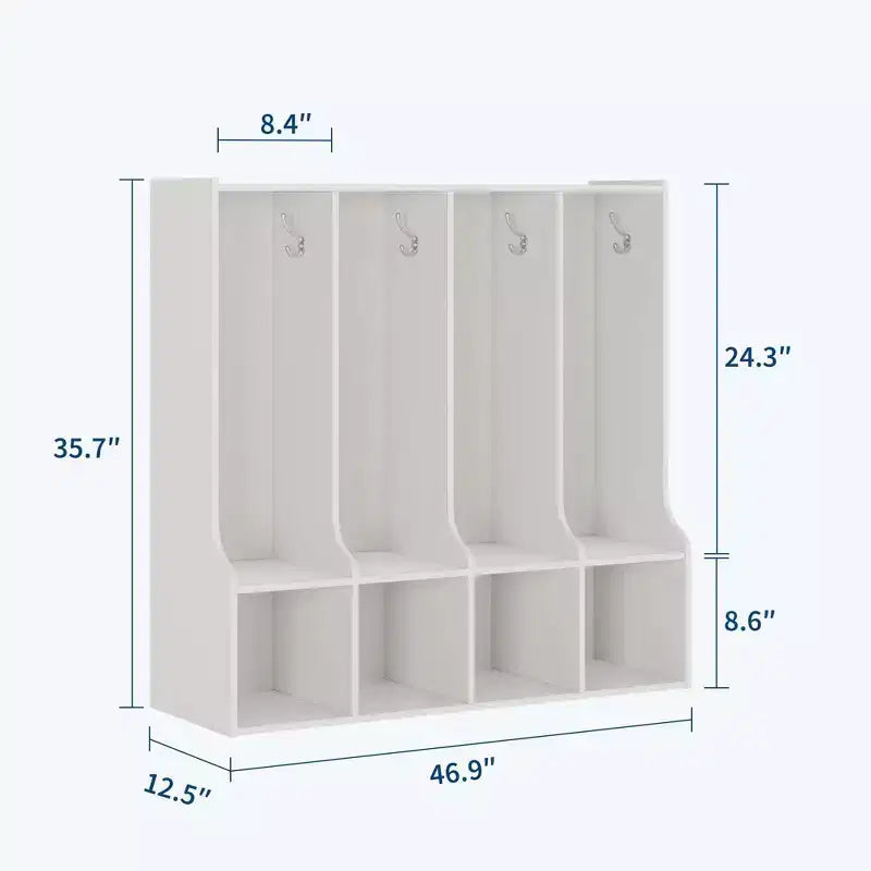 Brown/White 4-Section Cubby Locker with 8 Hooks, for Kids