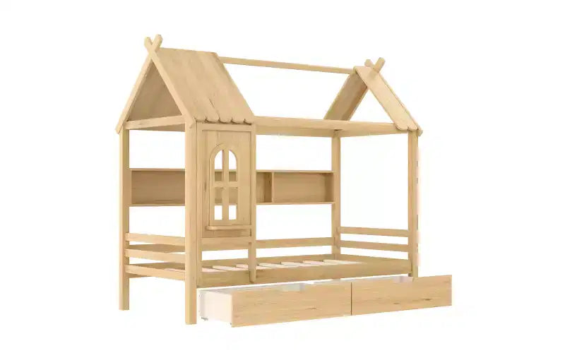 House Platform Bed with Storage Drawers and Window, Solid Wood Frame with Shelves, Childlike Fun Design, Light White
