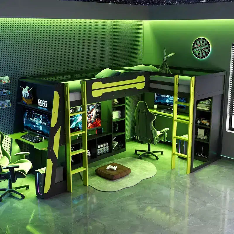 L-Shaped Gaming Loft Bed with Desks, Double Twin Loft Beds with LED Lights, USB Ports, Storage Bookshelves, Wood Corner Loft Bed for 2