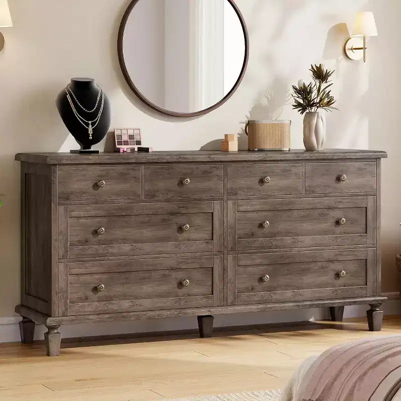 8 Drawer Dresser for Bedroom, Vintage 59 Dresser TV Stand with Carved Handles and Tapered Legs, Wood Chests of Drawers with Large Capacity Storage