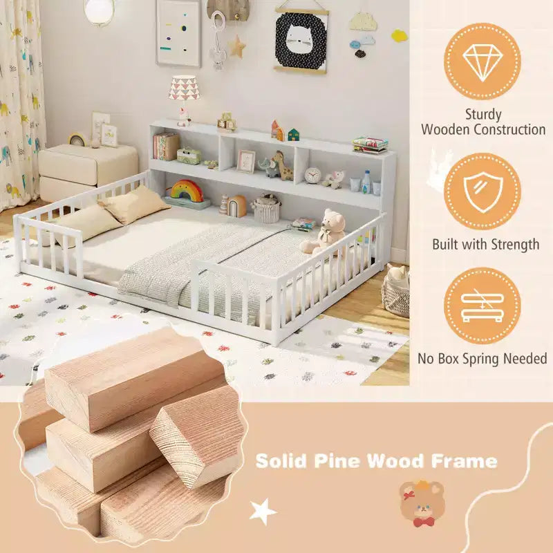Twin/Full Size Montessori Floor Bed with Bookcase Storage Shelves & Safety Fence Rails White/Gray
