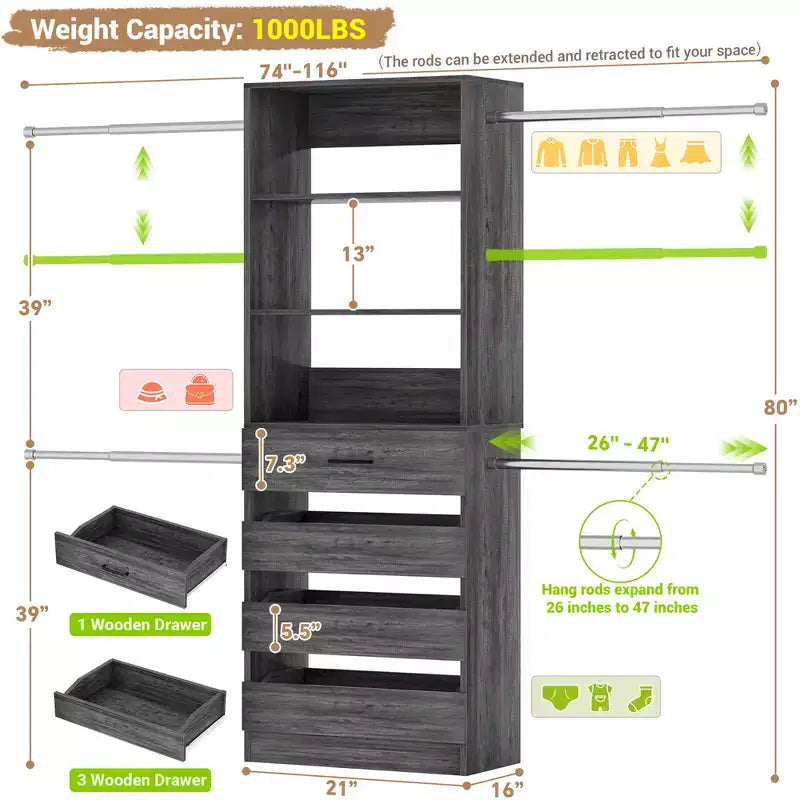 Besiost 4-9 Ft Wooden Closet Organizer System with 4 Drawers, 4 Hanging Rods & Shelving Towers