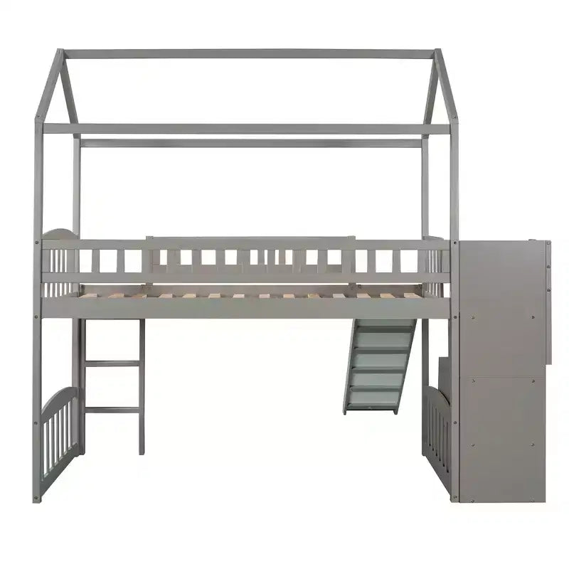 Lit mezzanine jumeau avec toboggan et escalier, lit mezzanine avec tiroirs de rangement, lit mezzanine cabane en bois pour enfants et tout-petits