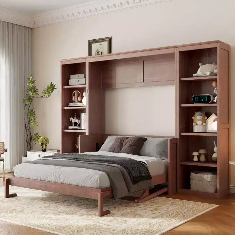 Full/Queen Size Murphy Bed Space-Saving Wall Bed with Desk and Bookshelf, Dark Brown - ModernLuxe
