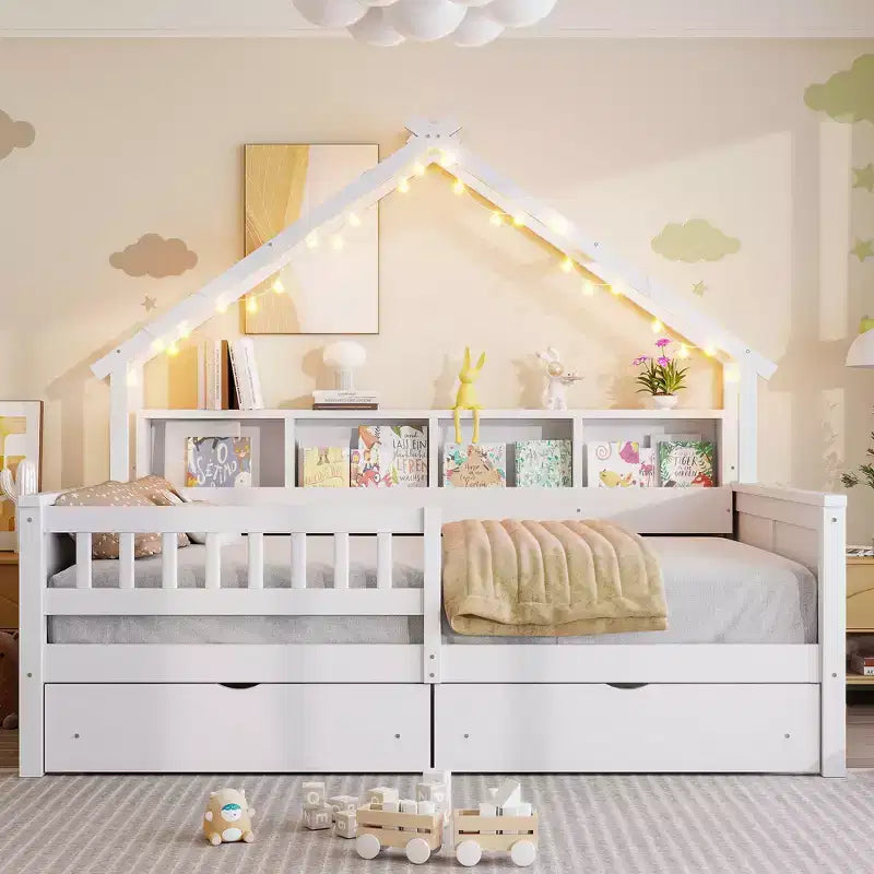 Full Size House Bed Frame with Drawers, House Platform Bed with LED Lights, Storage Shelves & Drawers, Wood Daybed with Roof and Guardrail