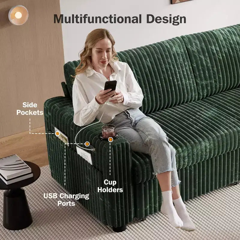 Dyonery 91 Sectional Sleeper Sofa Bed with Pull Out Bed,Reclining Backrest/Two Pull Out Beds/USB Ports/Cup Holders, Plush Corduroy