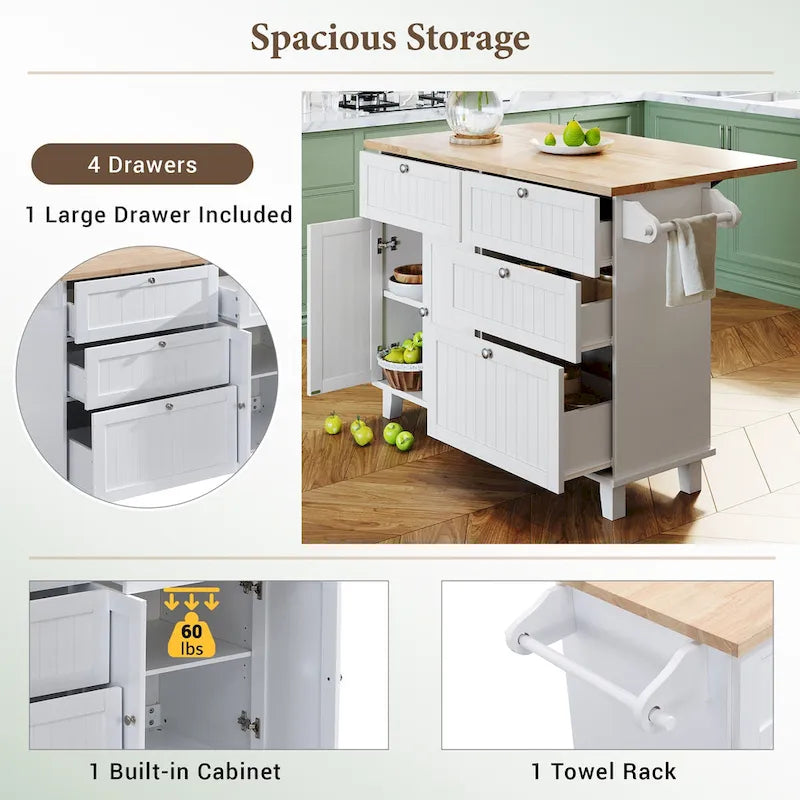 TOPMAX Kitchen Island Set with Drop Leaf and 2 Seatings, Dining Table Set with Adjustable Shelf, Drawers and Towel Rack