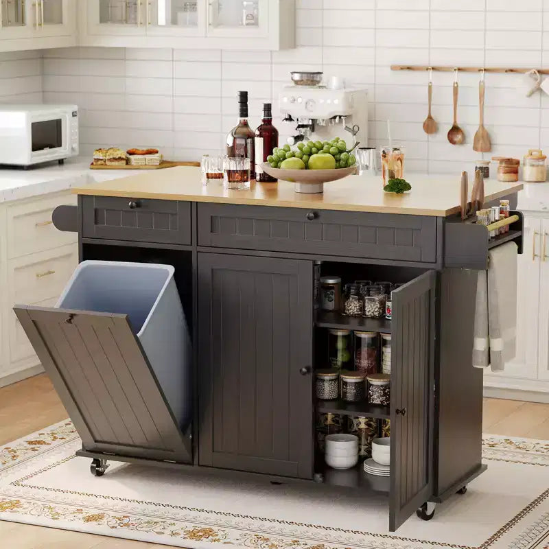 55 Mobile Island Table with Power Outlet & Drop Leaf, Kitchen Rolling Island Kitchen Island Cart with Trash Storage Cabinet for Kitchen