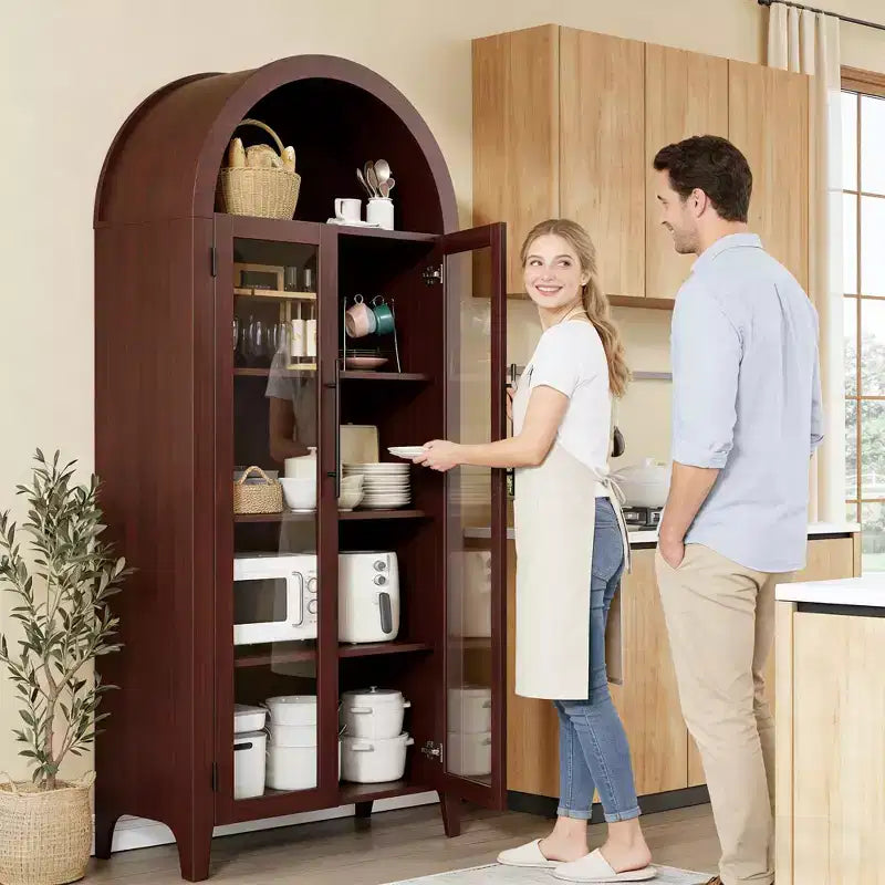 Haut meuble de rangement arqué avec portes vitrées, bibliothèque de présentation à 5 niveaux avec étagères réglables pour cuisine ou salon