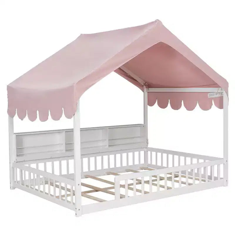 Whisen Full Size Wooden Floor Bed Frame, House-Shaped Daybed with Fense, 3 Storage Bookshelves, Curtain
