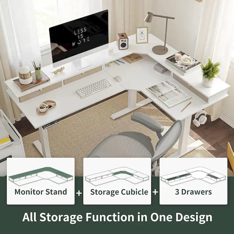L-Shaped Electric Standing Desk with 3 Drawers & Lockable Casters, 63