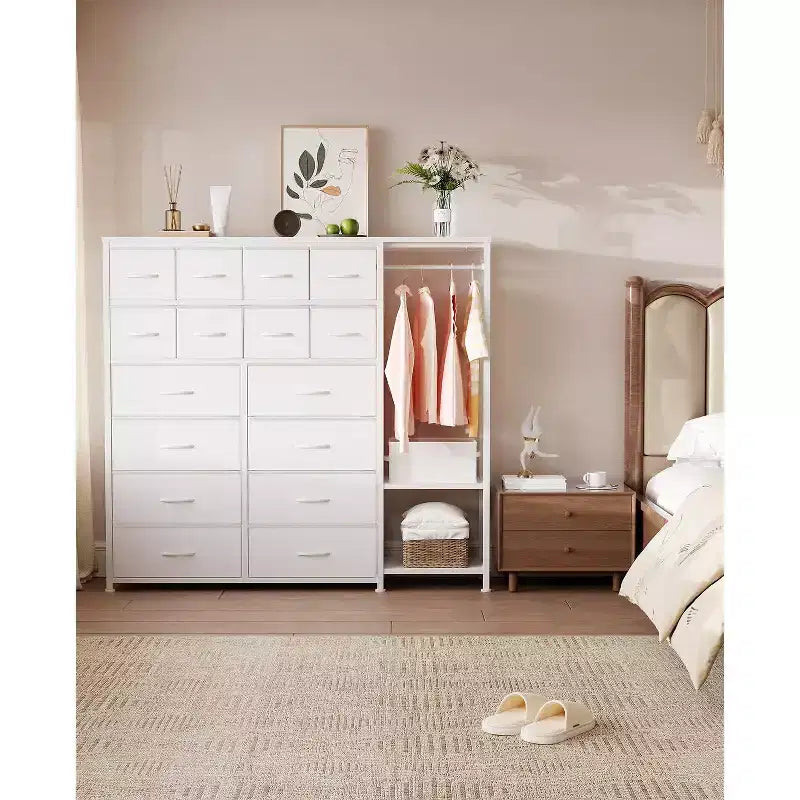 Dresser with 16 Drawers & Hanging Rod & Shelves, Fabric Storage Organizer for Bedroom, Closet, or Entryway