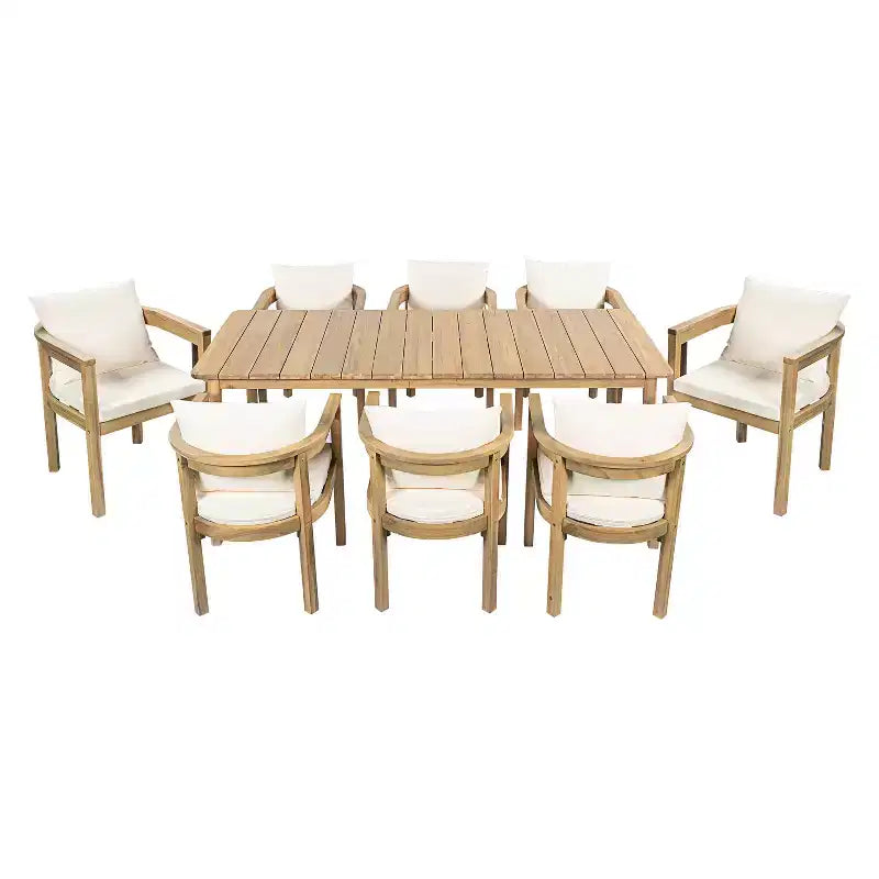Christopher Knight Home Irene Rustic 9 Piece Outdoor Acacia Wood Dining Set with Curved Backrest Chairs and Cushions