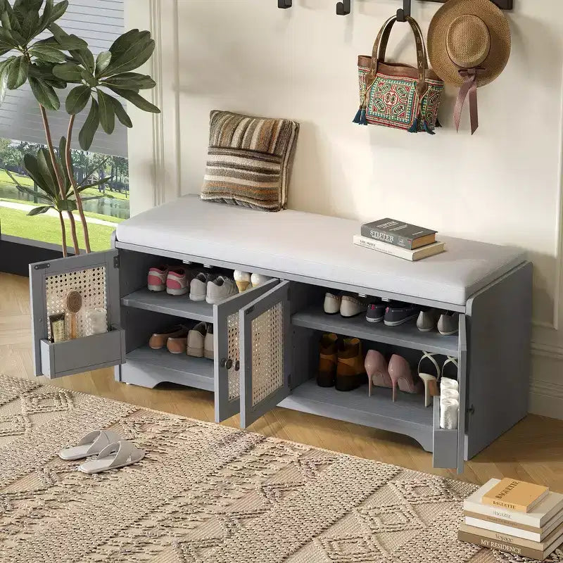 Banc de rangement rustique en bois Whisen, banc à chaussures d'entrée avec coussin amovible, étagères réglables