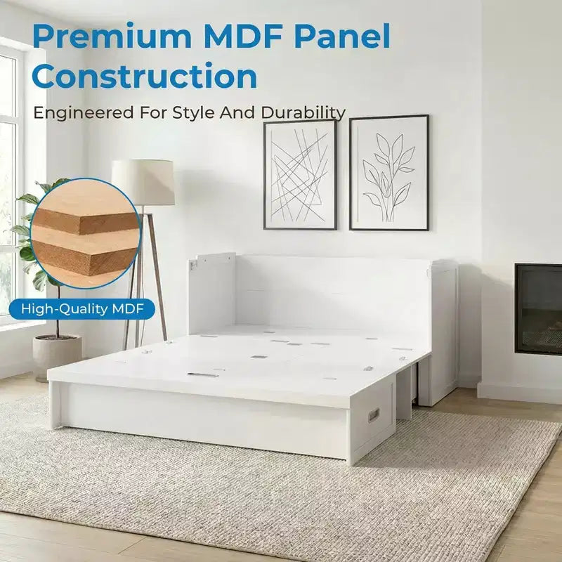 Mjkone Queen Size Convertible Murphy Cabinet Bed with Mattress, USB Charging, Storage Drawers