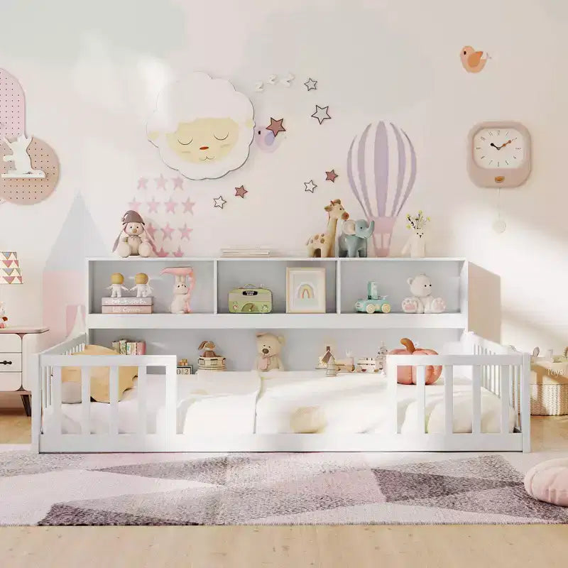 Twin/Full Size Montessori Floor Bed with Bookcase Storage Shelves & Safety Fence Rails White/Gray