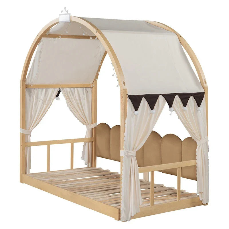 Solid Wood Playhouse Platform Bed Floor Montessori Bed Frame with Arched Roof and Trundle for Girls and Boys