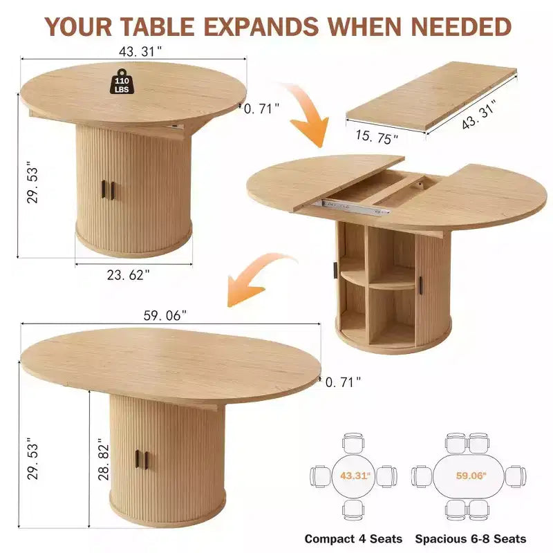 Dyonery 63 Extendable Round Kitchen Dining Room Table with 2-Tier Storage Shelf, with Pedestal Base, Wood Oval Circle Dinner Furniture, Walnut
