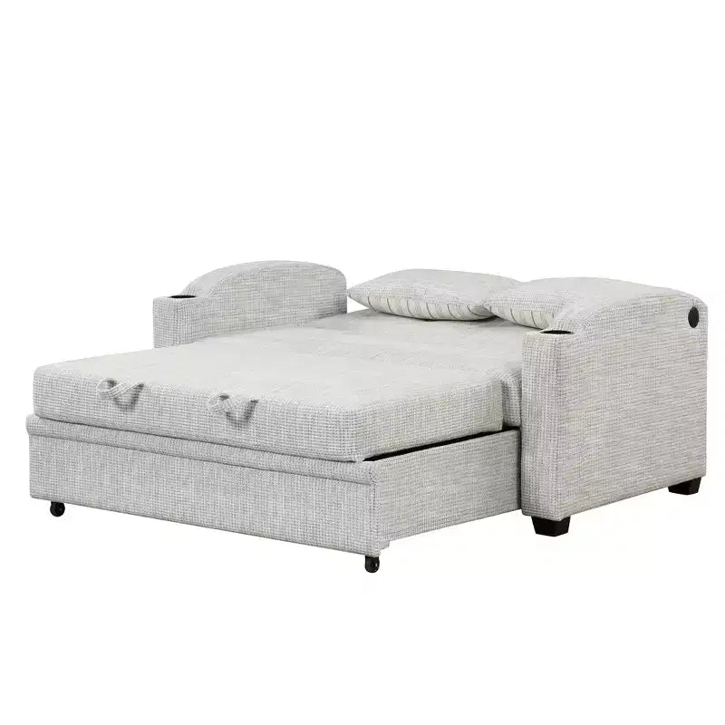 61.6 Modern Chenille Convertible Sofa Bed with USB Ports, Cup Holders & Adjustable Backrest for Living Room, Apartment