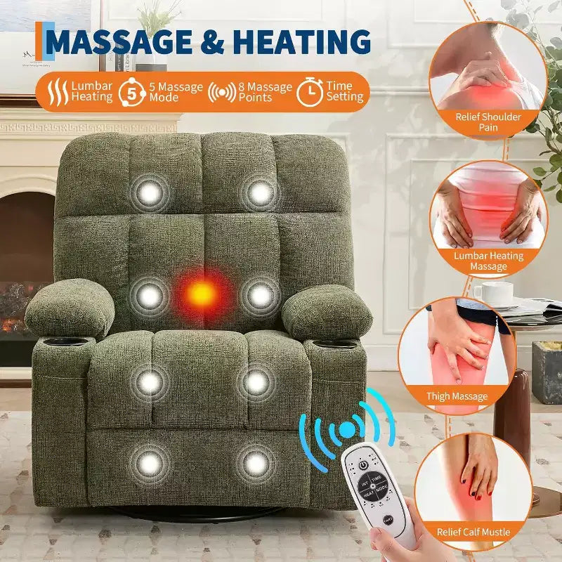 Oversized Recliner Chair for Adults, Manual Swivel Rocker Sofa, Side Pockets & Cup Holders for Big and Tall Persons, Living Room