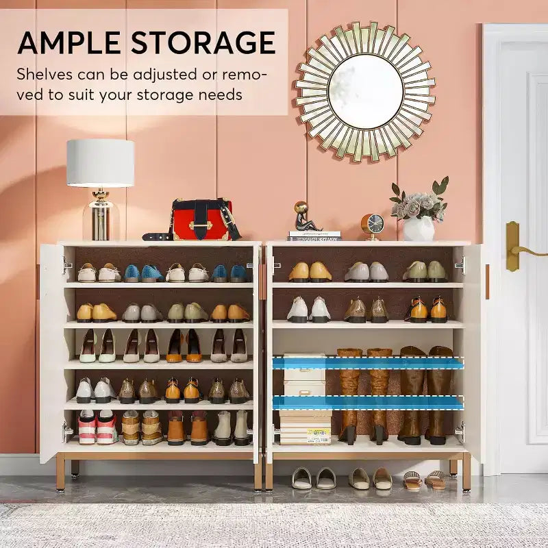 Shoe Cabinet for 20 Pairs, 6-Tier Modern Storage Cabinet with Doors, Freestanding Entryway Organizer, White & Gold