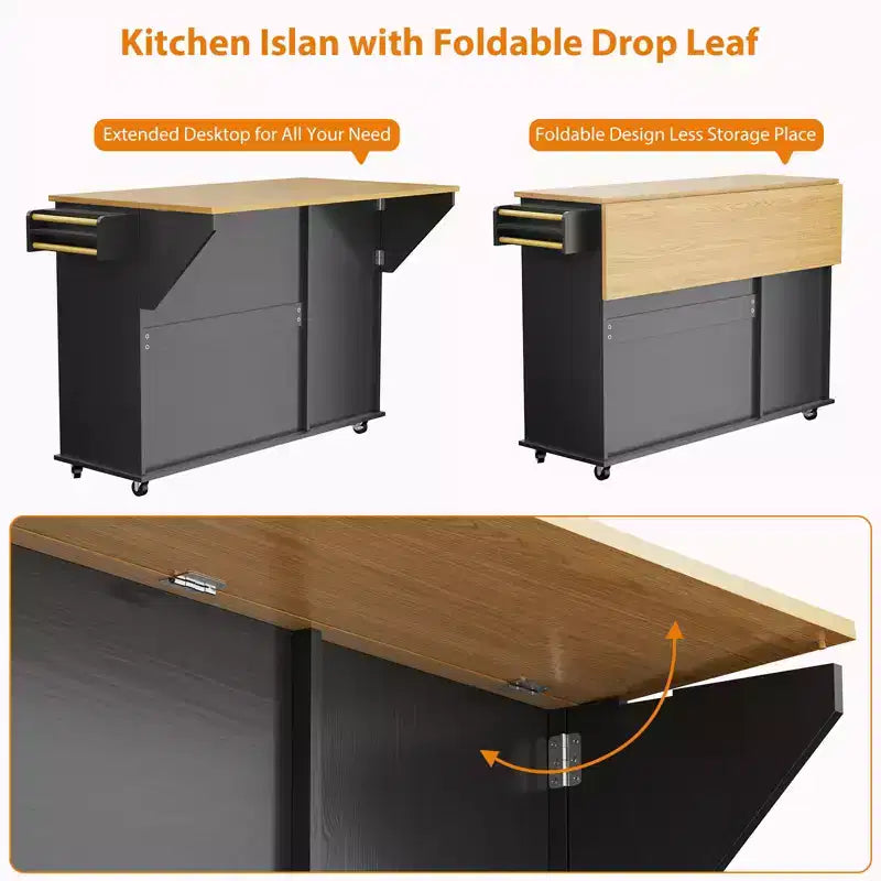 55 Mobile Island Table with Power Outlet & Drop Leaf, Kitchen Rolling Island Kitchen Island Cart with Trash Storage Cabinet for Kitchen