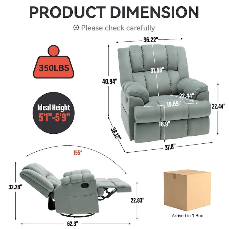 Green Oversized Manual Recliner with Swivel, Rocking, and Fabric Upholstery