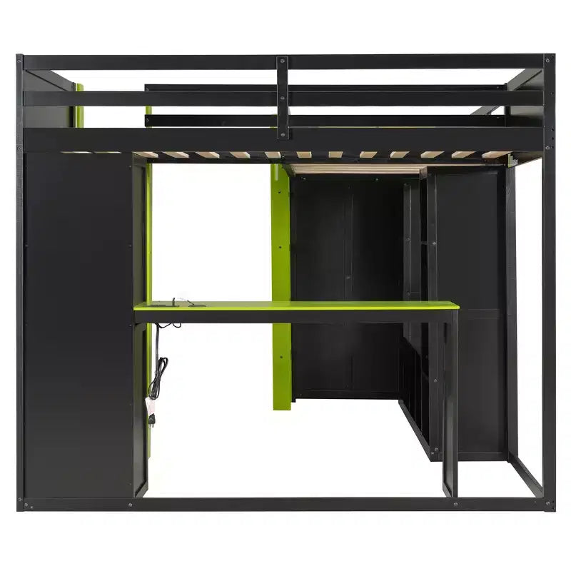 L-Shaped Gaming Loft Bed with Desks, Double Twin Loft Beds with LED Lights, USB Ports, Storage Bookshelves, Wood Corner Loft Bed for 2