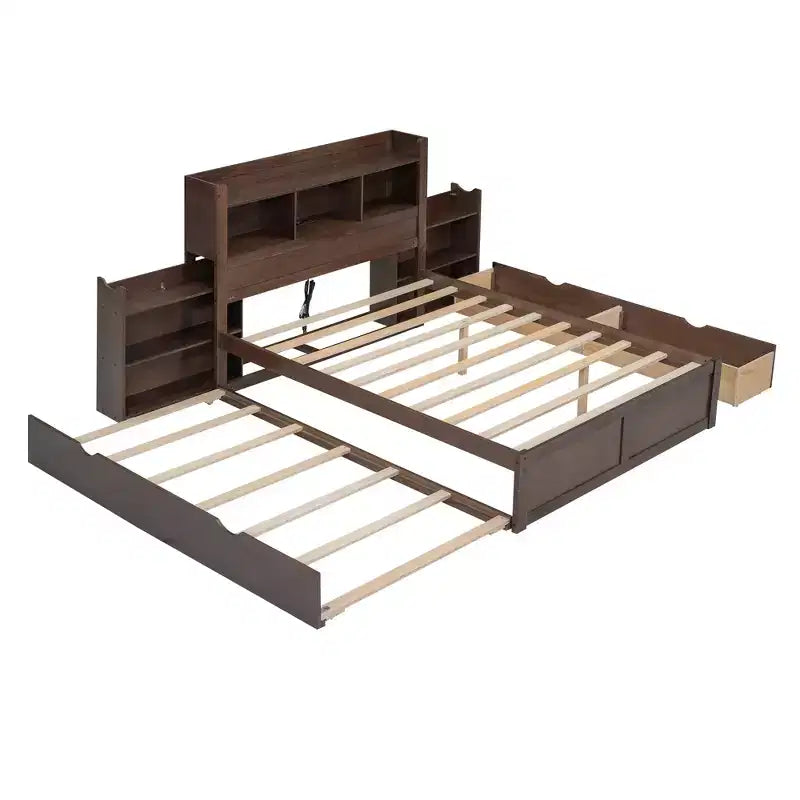 Lit plateforme complet avec lit gigogne, tête de lit bibliothèque et station de recharge, cadre de lit double en bois avec étagères et tiroirs