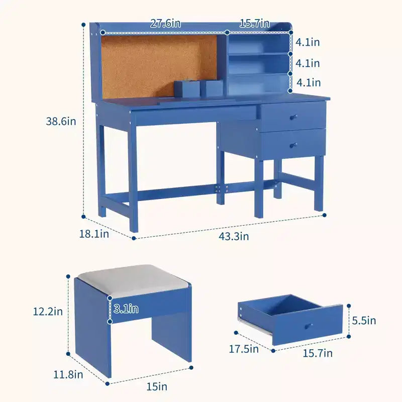 Kids Desk and Chair Set, Wooden Study Table with Adjustable Tilt Desktop, Drawers & Cork Board - Children School Learning Desk Set