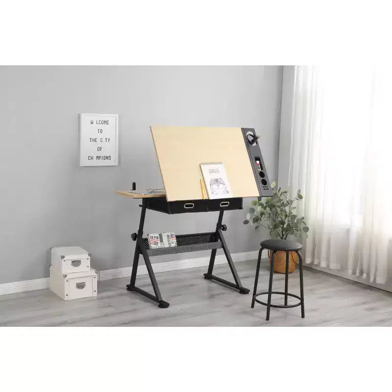 Height Adjustable Drafting Table, 0-75 Tilting Drawing Table Art Desk for Adults, Artist Desk with 2 Storage Drawers, with Stool